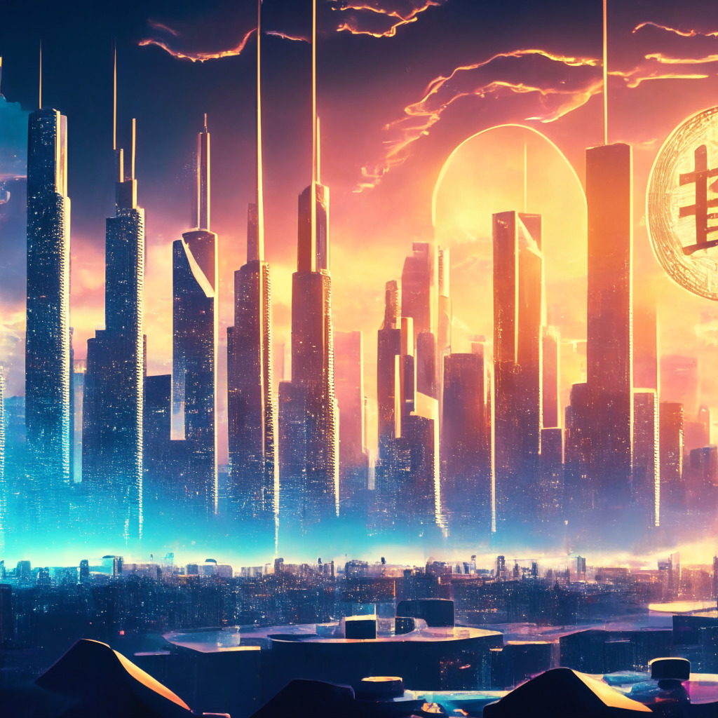 Futuristic city skyline with Bitcoin & Ethereum symbols, paradoxical elements like increasing miner revenues & decreasing exchange holdings, network congestion, data servers processing transactions, soft pastel colors with contrast, chiaroscuro lighting emphasizing optimism, dramatic sunset imbuing a sense of urgency for scalability, energetic mood.