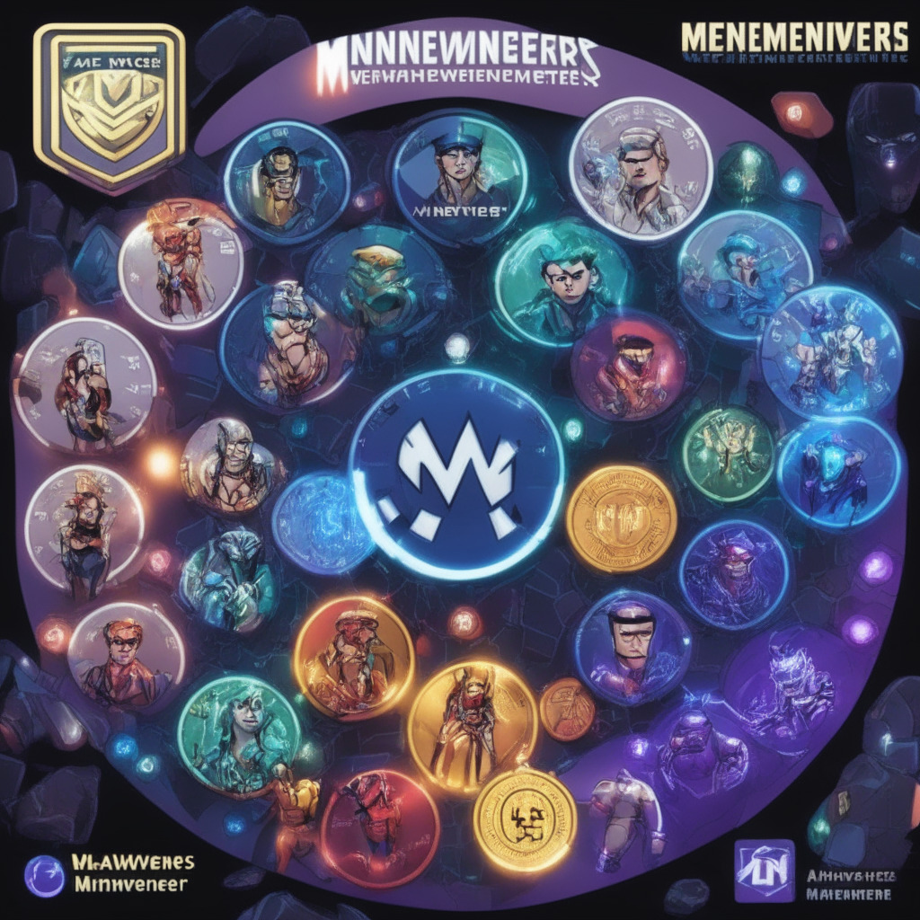 Cryptocurrency market scene, MEMEVENGERS coin depicting 7 iconic meme characters as Avengers, radiant light from a futuristic blockchain, Web3 and metaverse elements, engaging in play-to-earn activities, NFT membership card, positive and revolutionary tone, exciting exchange listings countdown, hints of caution and research emphasis, 350 characters.