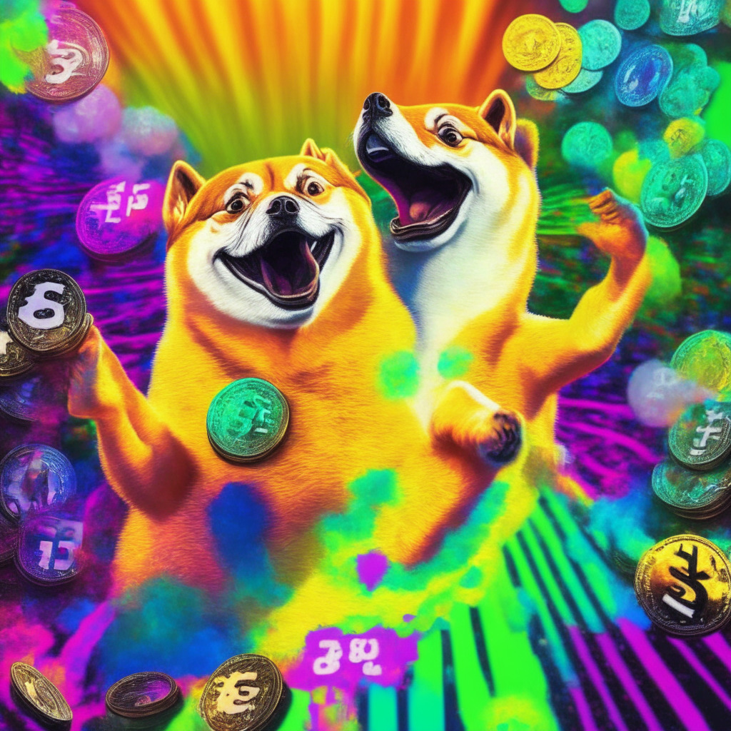 Meme coin rally, uptrend, PEPE, DOGE, SHIB, FLOKI, hints of exchange listings, blockchain initiatives, Shibacals, NFC chips, Shibarium, Crypto Fear & Greed index, bullish sentiment, surging market cap, risks, surrealistic flair, warm celestial glow, captivating color palette, dynamic composition, air of anticipation, cautionary undertones.