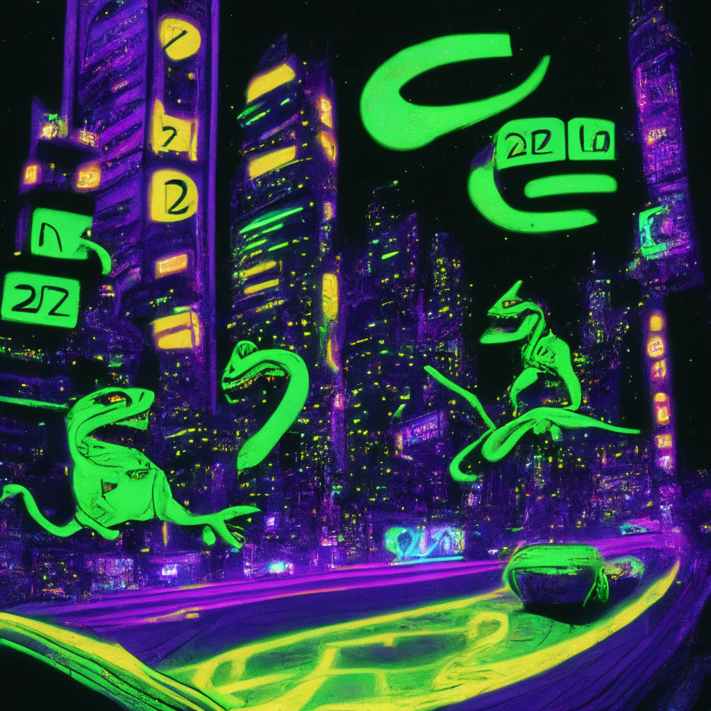 Midnight on a futuristic cityscape lit by neon lights, three animated coins emblazoned with unmistakable symbols of WOJAK2.0, PEPE2.0, and OSLAI are racing faster than a comet. The mood is tense, full of enthusiasm but tempered with caution. It's a scene of high-speed investing, painted in the vivid colors and exaggerated style of Pop Art.
