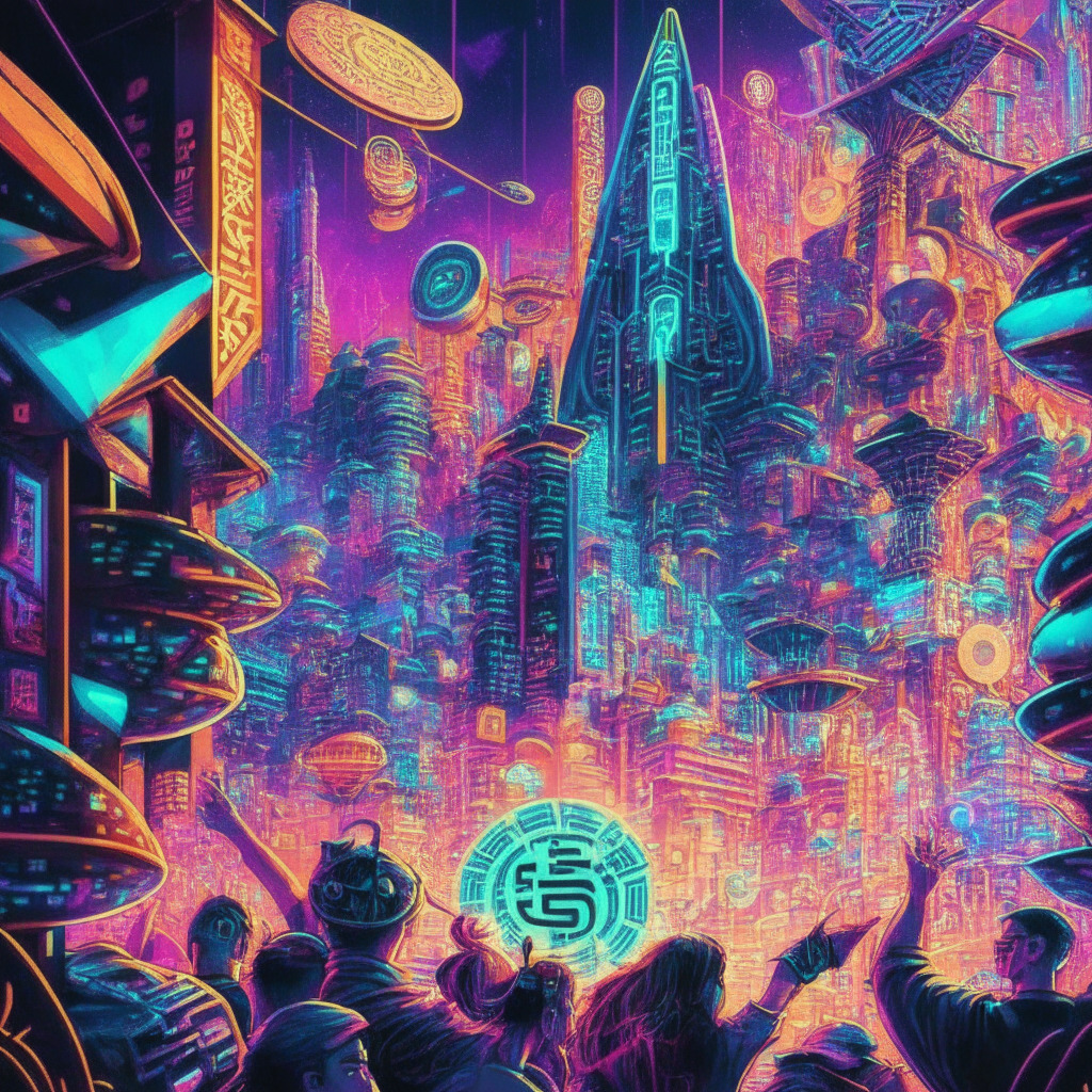 Crypto market frenzy, Hong Kong meme coin surging 1,000%, intricate geometric patterns, vibrant neon cityscape, low-light setting, playful mood, soaring tokens, stylized rocket ships, euphoric investors celebrating, Wall Street Memes & Ecoterra tokens hinted, futuristic art style, cautious optimism.