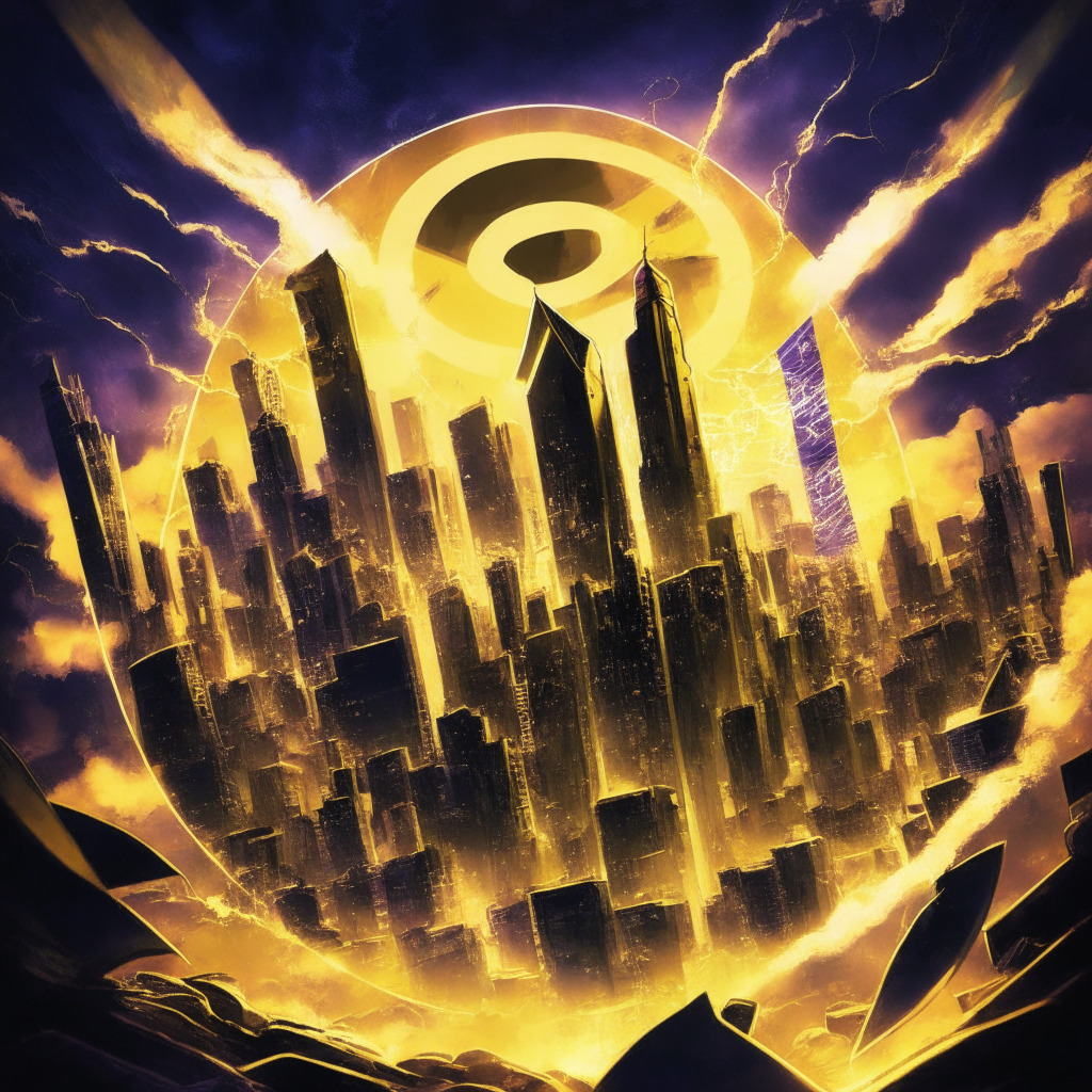 Futuristic city skyline, meme coin superheroes like Pepe & Dogecoin, powerful alliance, golden crypto glow, energetic currency vortex, low-lit explosion backdrop, chiaroscuro lighting, optimism, anticipation, dash of caution, swirling action, MEMEVENGERS coin ascendant, enigmatic expression, modern comic art style, dynamic crypto universe.