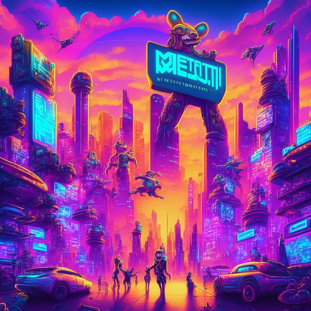 Futuristic crypto city with memecoin mascots, vibrant neon lights, cheeky humor, sunset sky, rebellious aura, gleaming skyscrapers, internet culture graffiti, playful vibe, sharp-witted billboard messages, memetic currency exchange, diverse demographic of users, evoking freedom and innovation.