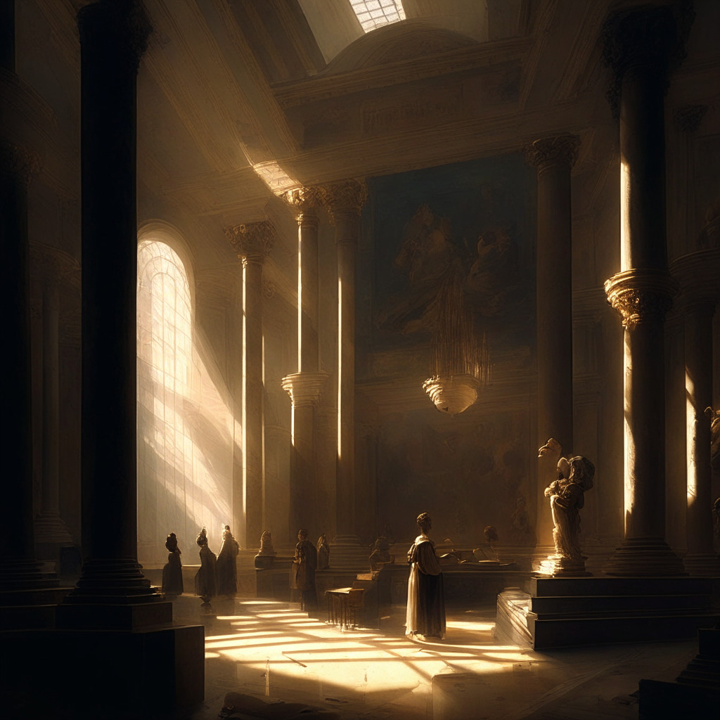 A vast museum interior, warm ethereal glow of light, contrasting values of chiaroscuro, compassionate mood. A blend of Renaissance and Crypto-modern artistic style, subtly depicting a metaphorical donation refund action, intertwining concepts of ethics, philanthropy, and the financial dilemma of a collapsed exchange.