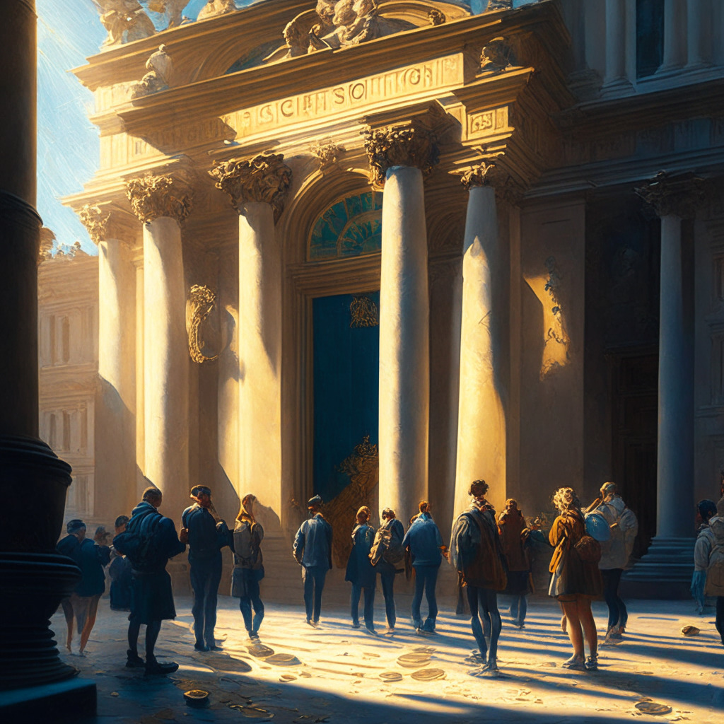 Sunlit museum exterior, Baroque style painting, puzzled museumgoers examining a vanishing cryptocurrency coin, somber mood, shadows of regret, vibrant philanthropy contrasted with crypto volatility, soft light highlighting dynamic change, fleeting fortunes, hope for future resilience.