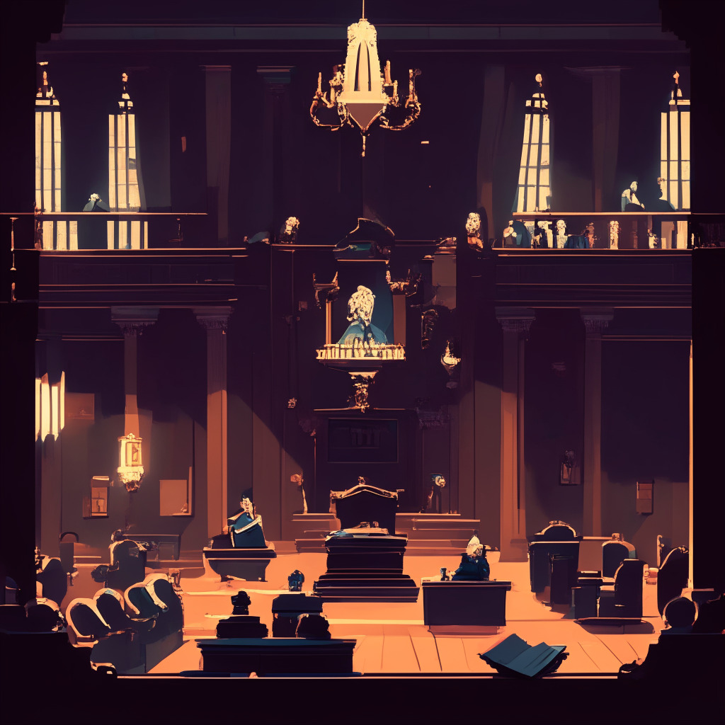 Intricate court scene, judge presiding, brightly lit gavel delivering a verdict, hazy digital handbags in background, somber mood, subtle baroque art influence, stark contrast between luxuriously detailed handbags and pixelated NFT representations, muted color palette, tension in the air.