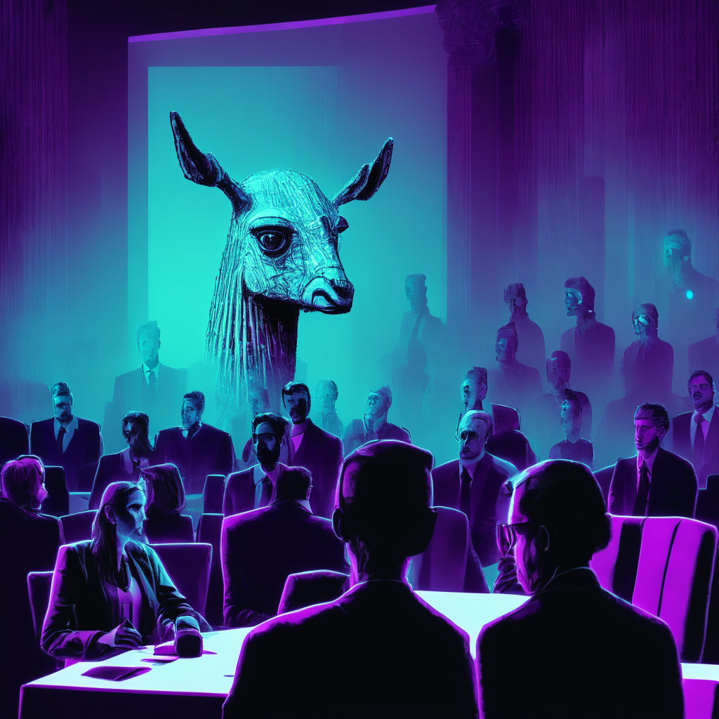 AI conference with senators questioning CEO, shadowy figures in background representing potential criminals, ethereal LLaMA AI model, concerned facial expressions, chiaroscuro lighting, anxiety-filled atmosphere, ethical guidelines vs unrestrained AI, contrast between the open-source and closed-source models, cybersecurity risk emerging, somber colors, sense of urgent debate.