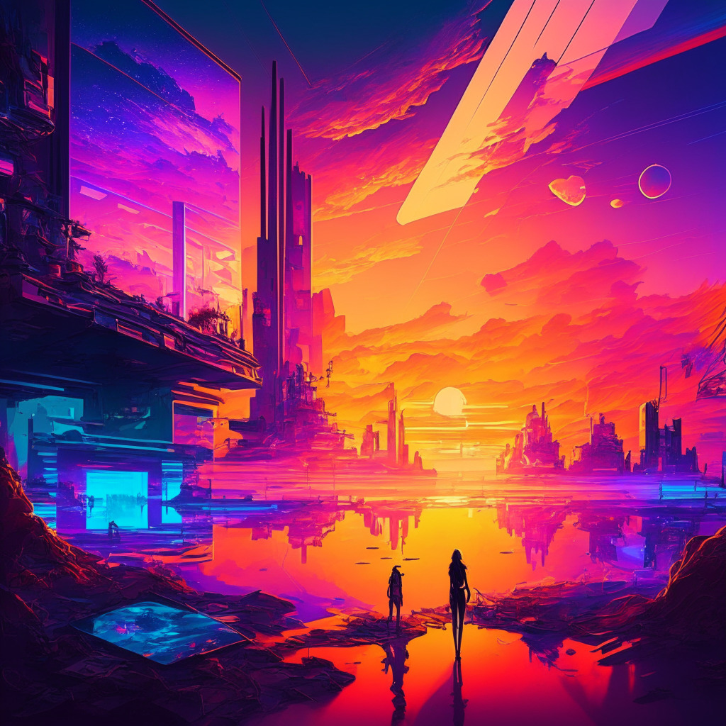 Sunset-lit metaverse scene, diverse creators collaborating, focus on privacy and decentralization, empowering mood, vibrant colors, interconnected digital world, contrasts of power dynamics, futuristic artistic style, mixture of holographic interfaces & physical reality, evolving digital landscape.