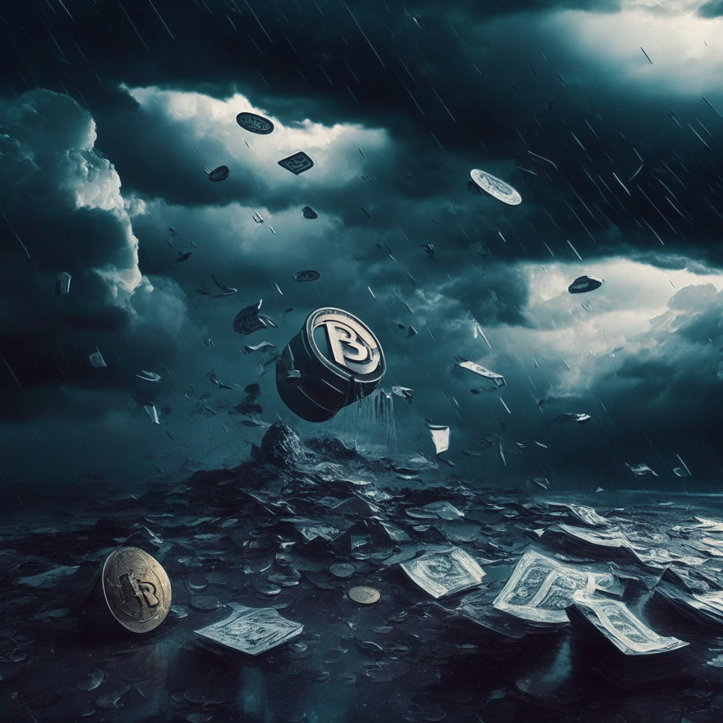 Metaverse landscape under stormy skies, falling crypto coins, SEC gavel striking, VR/AR headset in background, somber mood, chiaroscuro lighting, ominous clouds, diverse digital tokens tumbling, legal documents scattered, tension between tech innovation & regulation.