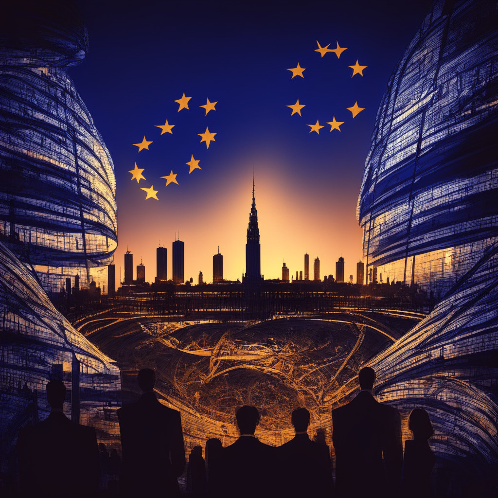 Intricate cityscape at dusk, illuminated European Union flag waving, diverse business people preparing for future, crypto-themed elements, swirls of light symbolizing expansion, classical painting style, soft glow emanating from skyline, atmosphere of anticipation and readiness, visual representation of global collaboration and regulatory compliance.