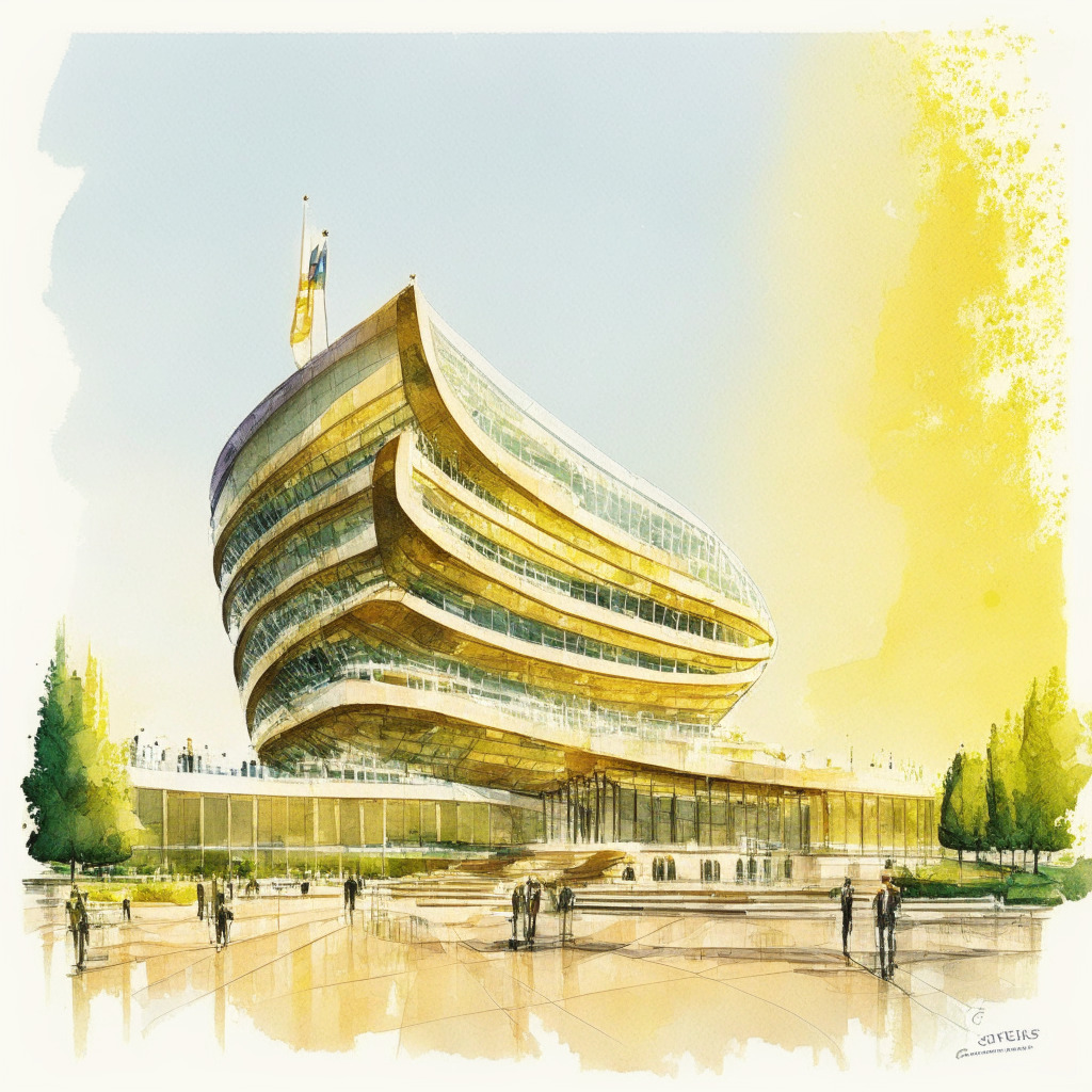 EU Parliament building, balanced scale with crypto and regulation on each side, sleek modern design, warm sunlight from east, watercolor style, subtle earth tones, hints of green and gold, harmonious yet dynamic atmosphere, undercurrent of optimism, industry embracing change, key players in background.