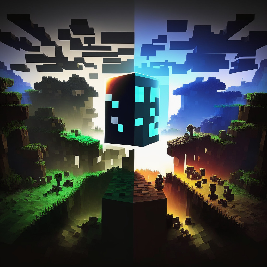 Minecraft battling NFT exclusivity vs gaming inclusion, dusk setting, divide between haves & have-nots, digital ownership casting shadow, contrast of colors representing conflicting values, tension-filled atmosphere, hope for unified gaming community in the distance, creative crossover of blockchain & gaming beyond the rift.