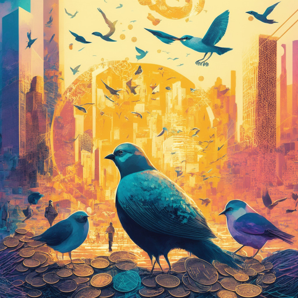 Mixed Crypto Market Scene: An artistic representation of diverse coins amid fluctuating values, warm and cool colors symbolizing growth and declines, fleeting sunlight reflecting cautious optimism, digital cityscape intertwining blockchain technology with global economy, social media birds affecting market mood, and a thoughtful investor studying trends.