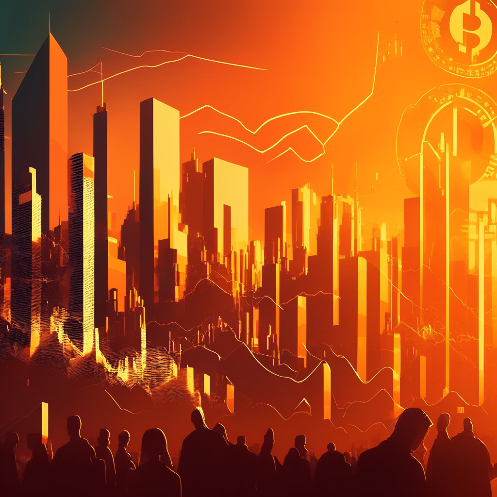 Abstract cryptocurrency market scene, fluctuating chart patterns, coins with expressive faces conveying gains & losses, futuristic city skyline, golden sunset highlighting potential, shadows of uncertainty, upbeat & skeptical characters discussing digital assets, dynamic composition, hopeful yet cautious atmosphere.