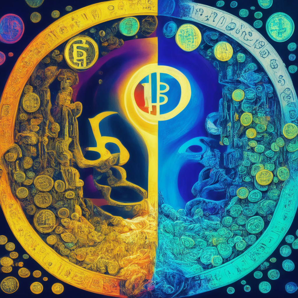 Mystical crypto market scene with Yin Yang symbol, coins showing on one side growth and on the other side decline, vibrant colors representing different cryptocurrencies, contrasting light and shadow symbolizing potential and pitfalls, analytical and hopeful eyes gazing at the market, merging Impressionism and Futurism art styles, uncertain yet optimistic mood.