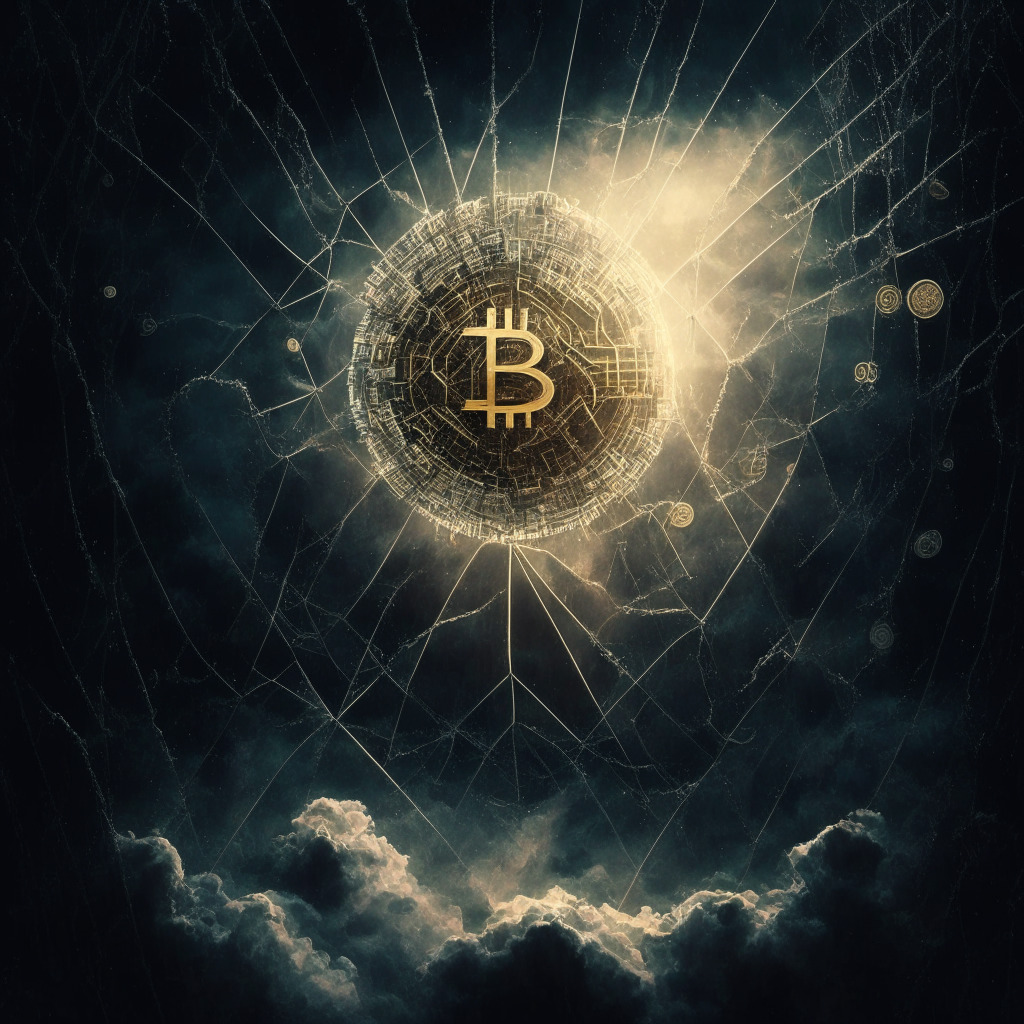 Intricate web of cryptocurrencies, contrasting gainers and losers, sunlight piercing through dark clouds, hint of hope amidst somber mood, subtle blend of artistic and technical elements, embracing both optimism and caution.