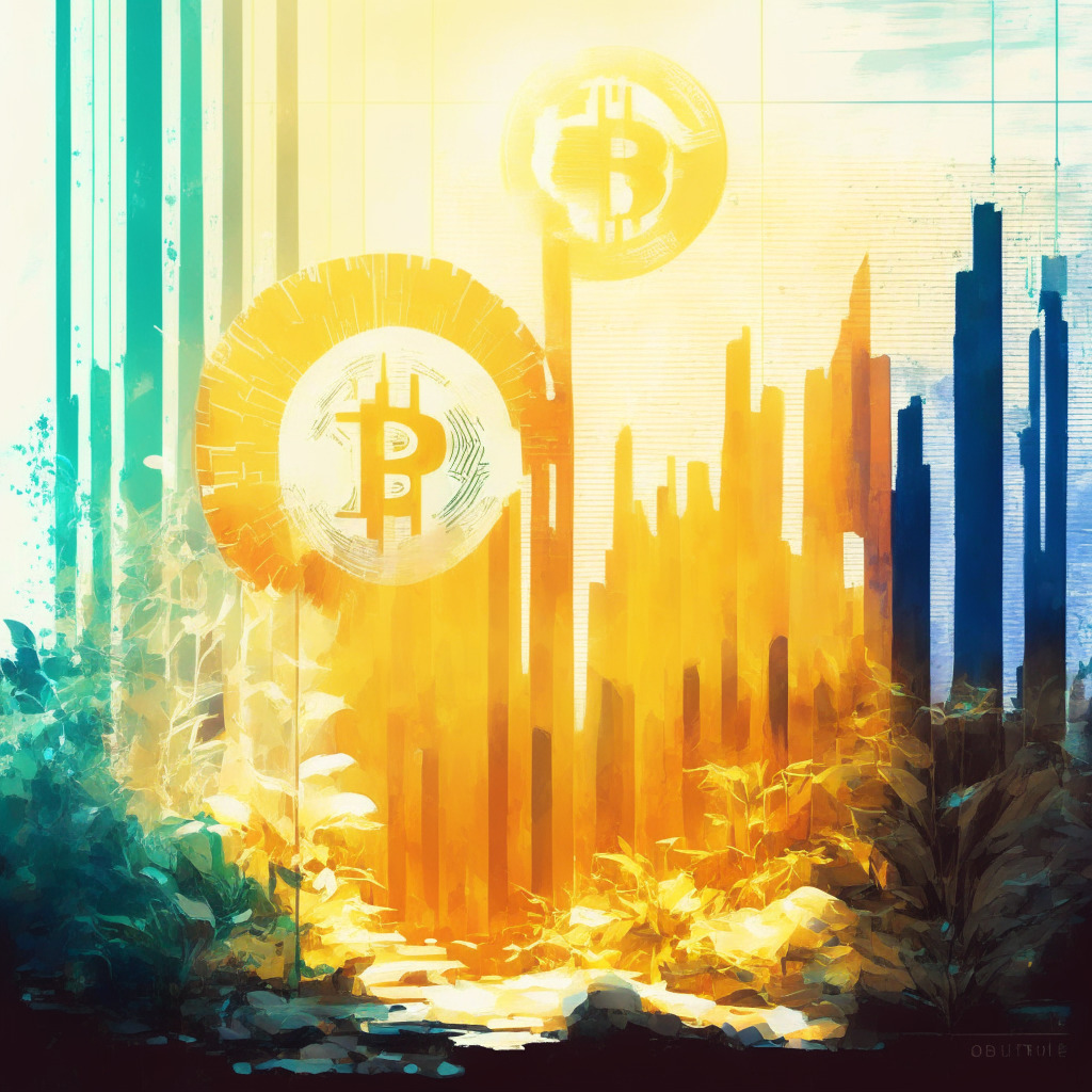 Crypto market analysis: gains, losses, investor perspective, balance of enthusiasm & skepticism, sunlight gently illuminating a cryptocurrency oasis, bar chart depicting varied percentages, Bitcoin & Ethereum in subtle relief, light-hearted mood with a hint of caution, painterly brushstrokes.