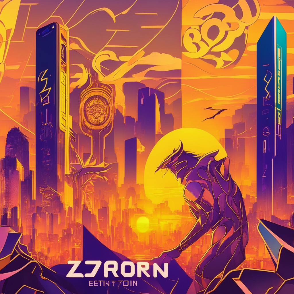 Mobile-first crypto scene, Zerion vs Metamask, sleek smartphone interface, contrasting colors, golden sunset lighting, futuristic city backdrop, users immersed in Web3 ecosystem, DeFi, NFTs, and dApps, vibrant and dynamic mood, art nouveau style with intricate patterns, empowering users with better experience.