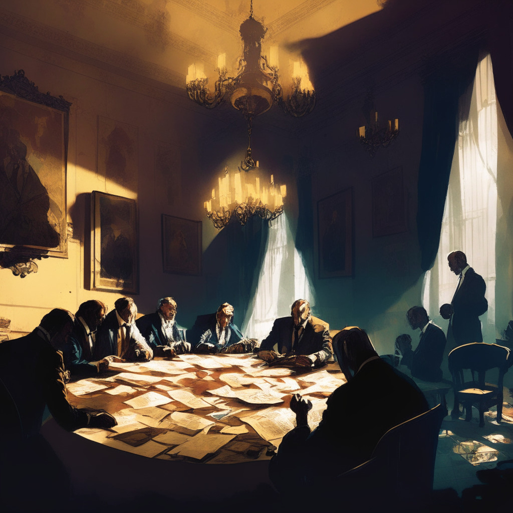 Montenegro political scene, Terra co-founder's alleged ties, intricate Baroque art style, dimly lit room, officials gathered around a table, letters and documents scattered, blend of optimism and tension, contrasting shadows and light, vibrant yet muted colors, whispers of corruption amidst crypto industry growth.