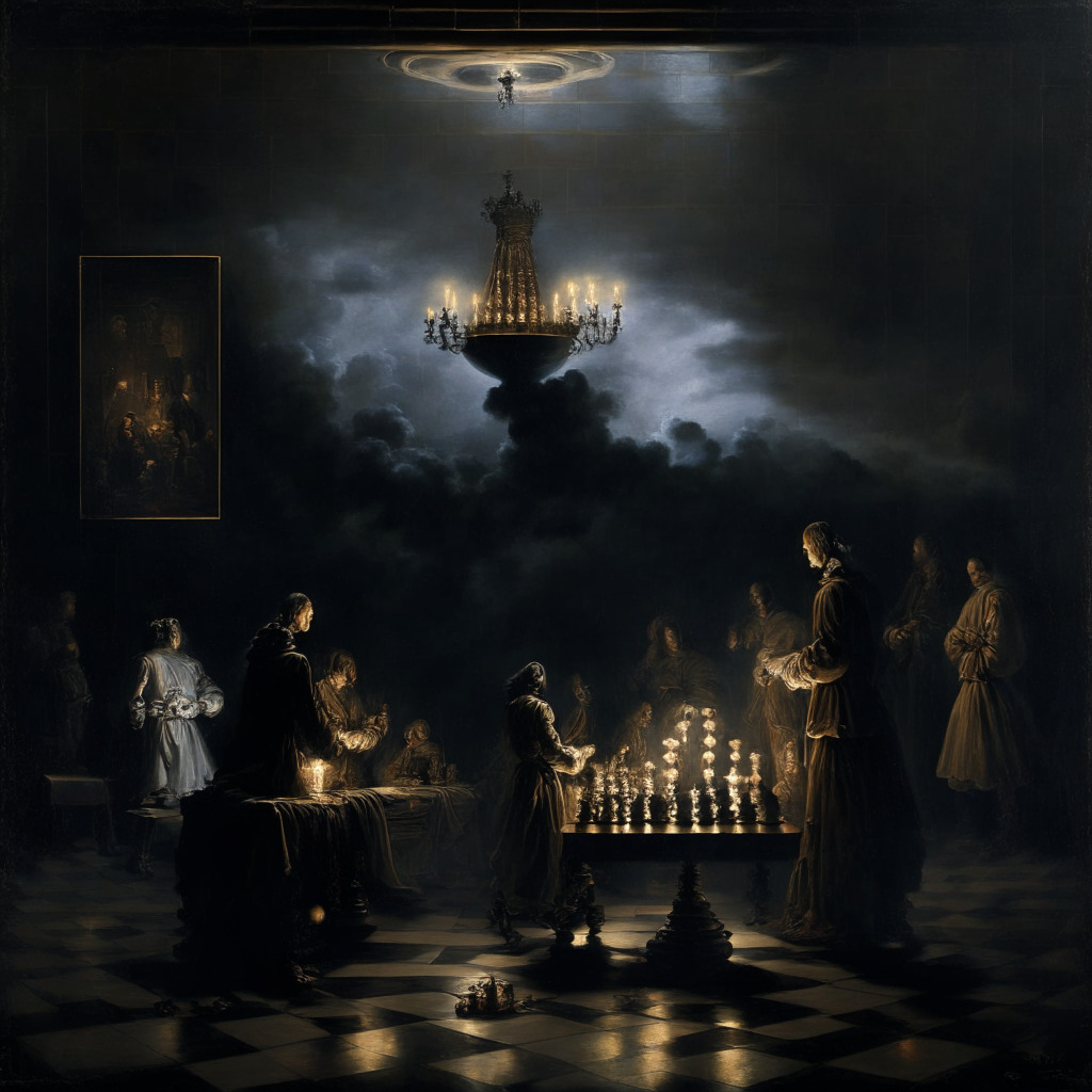 An atmospheric, Renaissance-styled painting of a high-stakes chess match, with detailed pieces symbolizing SEC and cryptocurrency, illuminated under a dim, moody lantern light. Dark clouds looming above, capturing the intensifying regulatory pressure. Formal, classical figures representing US House committee chairs staking their move, all accurately reflecting a clash of priorities, policies and tension.