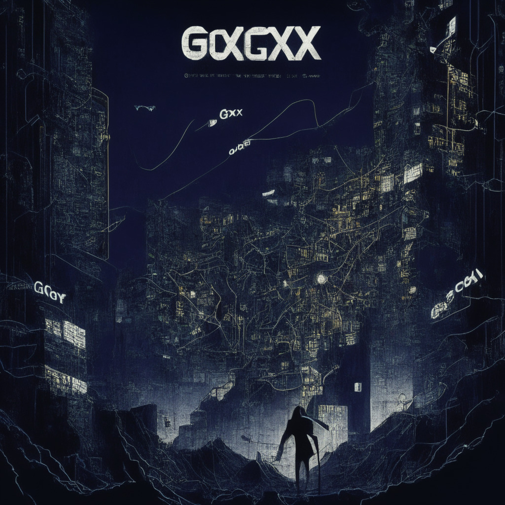 Mt. Gox hack aftermath, balance between crypto benefits & security, dusk lighting, cyberpunk style, tension-filled mood, digital currencies & global finance, decentralized system, anonymous risks, regulatory challenges, tangled web of cybercrime, striving for progress & user protection.