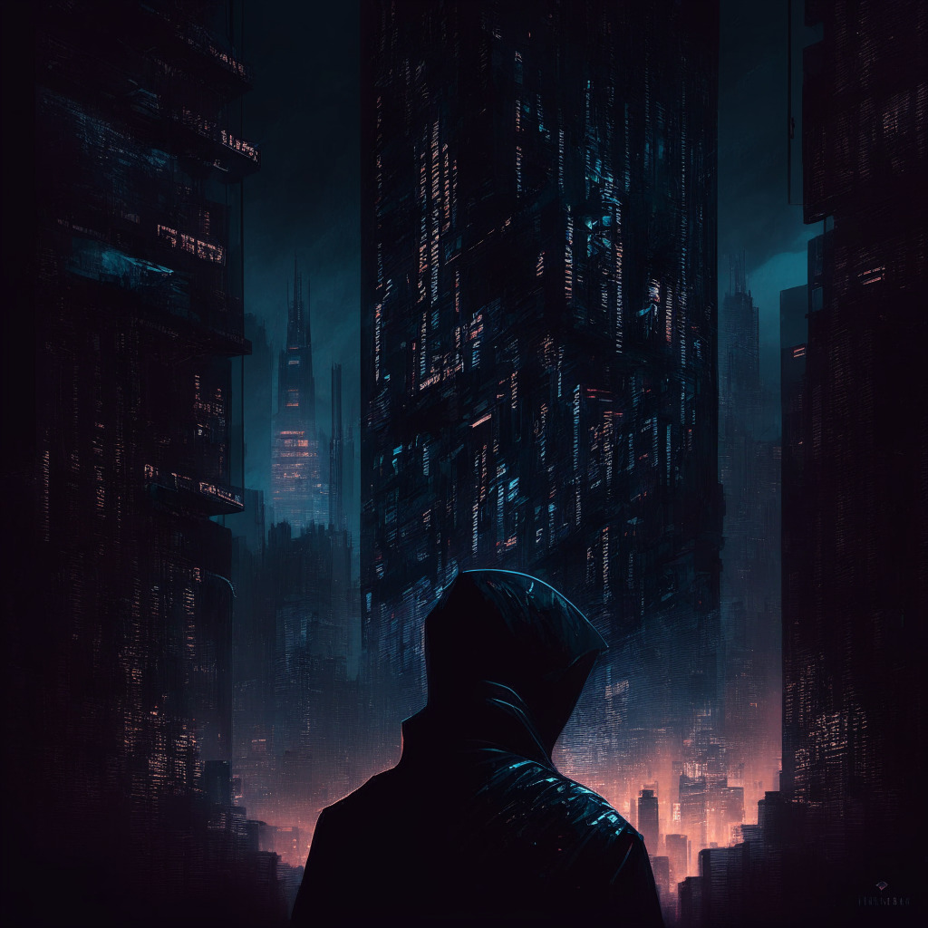 Twilight cyber cityscape, blockchain security fortress, hackers with masks, defaced Mt. Gox building, cracking code visuals, dark & mysterious mood, chiaroscuro lighting, heavy shadows, digital impressionism style, virtual money laundering flow, contrast between security & vulnerability.