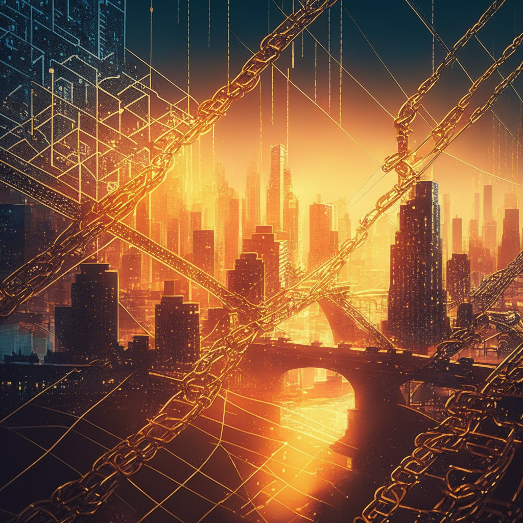 Intricate blockchain cityscape, glistening cross-chain bridges, mysterious shadows in background, golden-hour glow, surrealistic style, mood of cautious optimism, thrill of market surge, hints of uncertainty, interconnected networks, digital currency in motion, futuristic atmosphere.