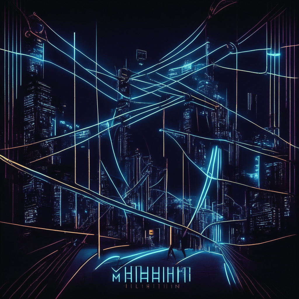 Twilight-lit cyberpunk cityscape, Multichain logo in neon, entangled server cables, suspension bridge, weary-eyed characters representing team members, distant police lights, shadows of seized gear, melancholic aura, soft grayscale hues, tension captured within angular lines, gravity-defying composition, mysterious air, reminiscent of a film noir.