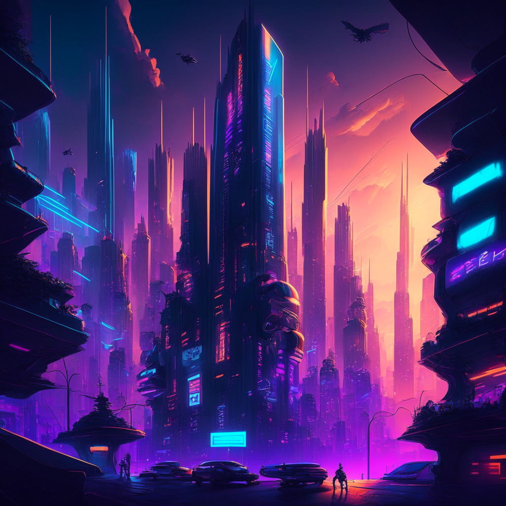 A futuristic Web3 gaming city at dusk, neon lights illuminating sleek skyscrapers, Mythical Games' emblem in the sky, vibrant characters from popular blockchain games like NFL Rivals & Blankos Block Party interacting in the streets, a sense of triumph & innovation in the air, harmonious blend of hues, chiaroscuro style shadows, and an energetic mood.