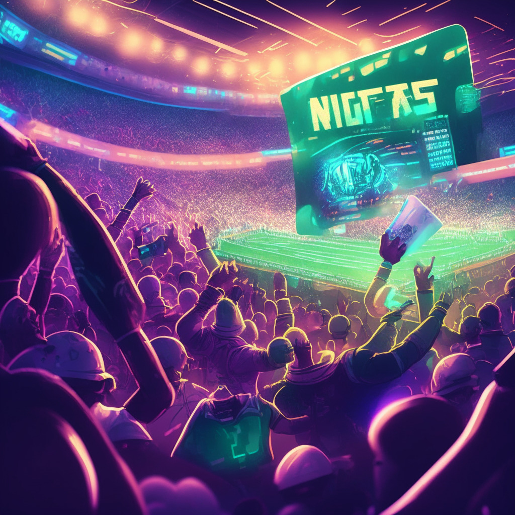 Stadium filled with cheering fans, vivid football match, NFL players competing intensely, collectible player cards with unique attributes, glowing in-game wallet subtly hinting at NFT integration, marketplace bustling with activity, soft neon light illuminating the scene, dynamic comic-book-esque style, an exhilarating and addictive atmosphere.