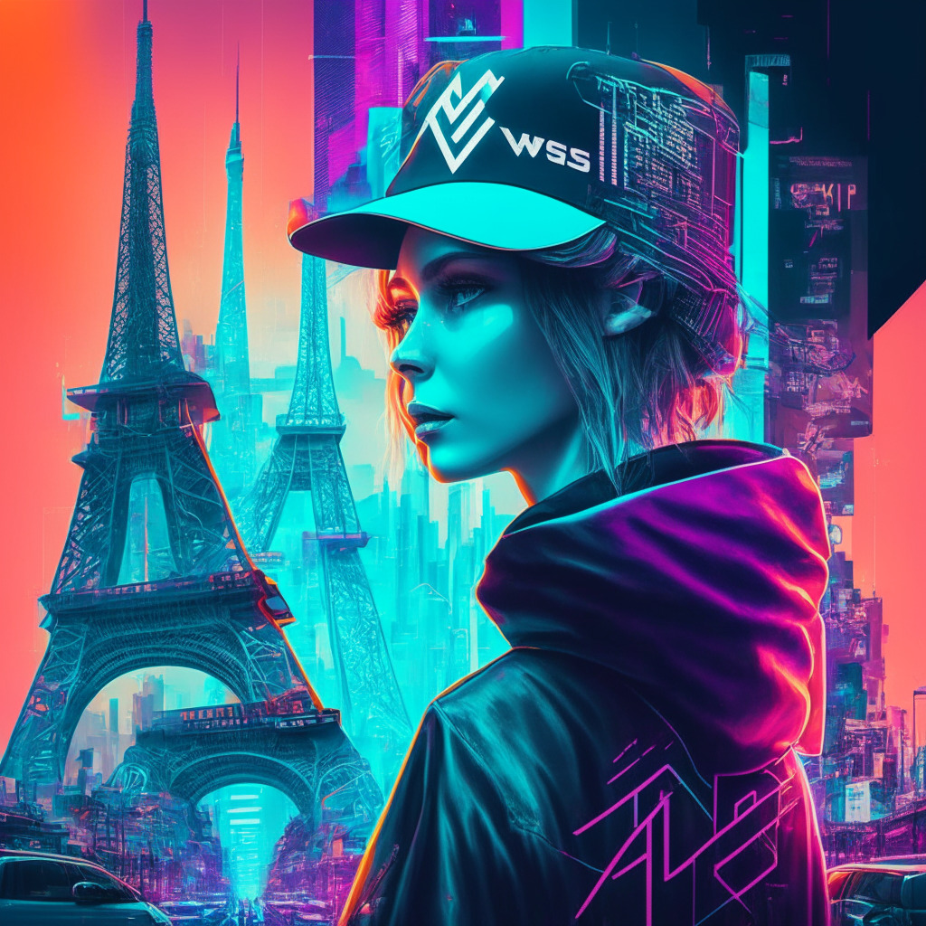 Futuristic cityscape, Paris skyline, NFT icons, fashionable people wearing baseball caps, crypto elements, soft neon lights, digital autograph signing, dynamic composition, surrealism meets streetwear, energetic atmosphere, contrasting colors, blend of classic art and modern tech, sense of anticipation, intertwining old and new worlds, 350 characters.