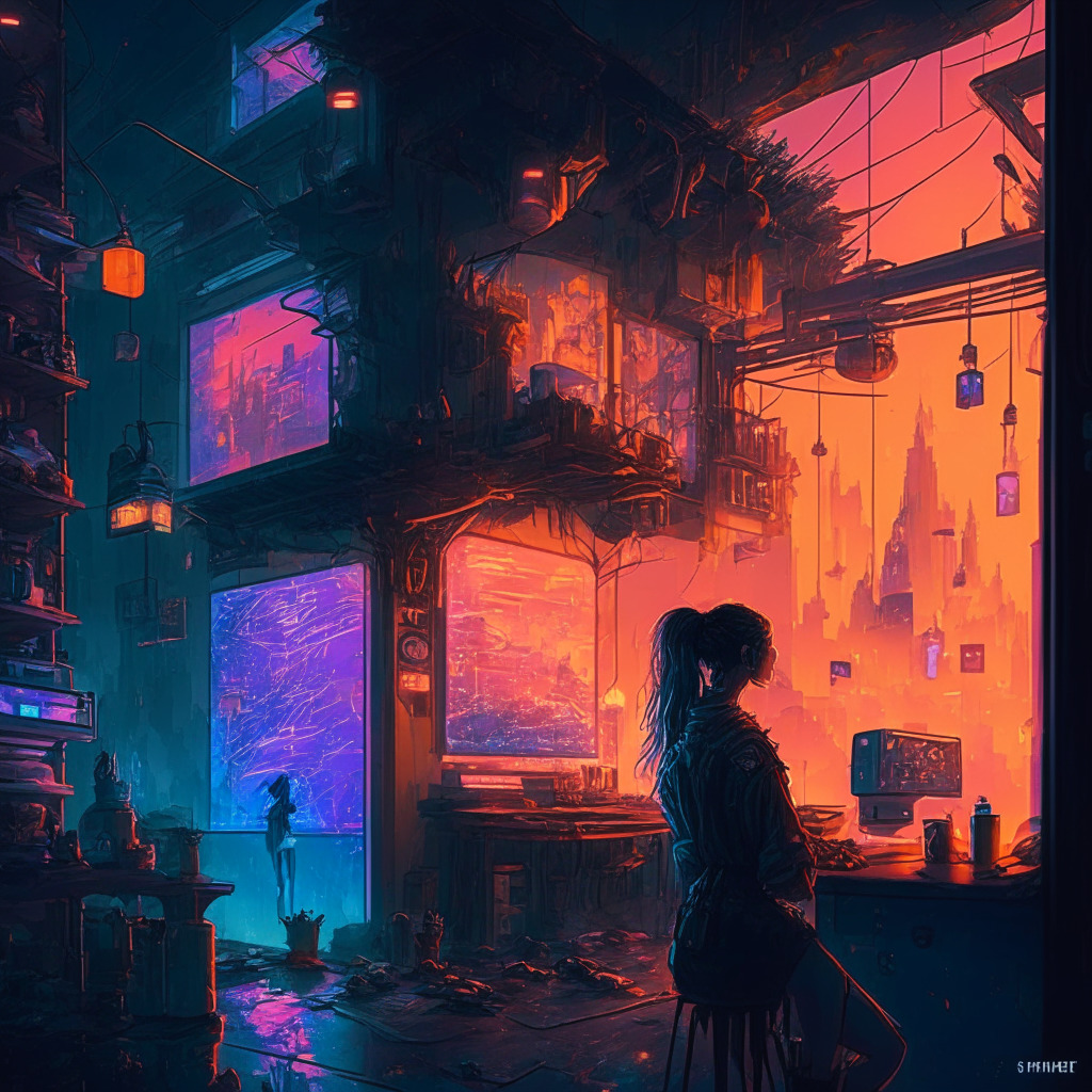 Twilight-lit scene, cyberpunk art style, warm hues, intricate digital realm, mix of physical and digital collectibles, dynamic gaming atmosphere, sense of ownership, touch of prestige, deep connection between brand and artwork, joy of collecting, subtle tech hints, nostalgia meets innovation, balanced harmony, engaging yet uncomplicated, celebratory mood.