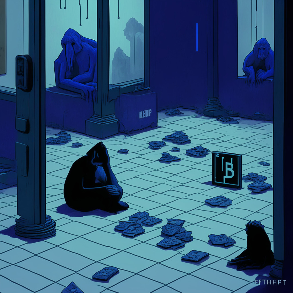 Ethereum NFT collections in decline, subtle color palette, diverse Bored Apes and CryptoPunks in financial distress, plunging floor prices, moody ambience, dimly lit art gallery scene, somber tones, NFT trading and lending platforms subtly hinted, Blue Chip 10 index declining in the background, uncertain market future.