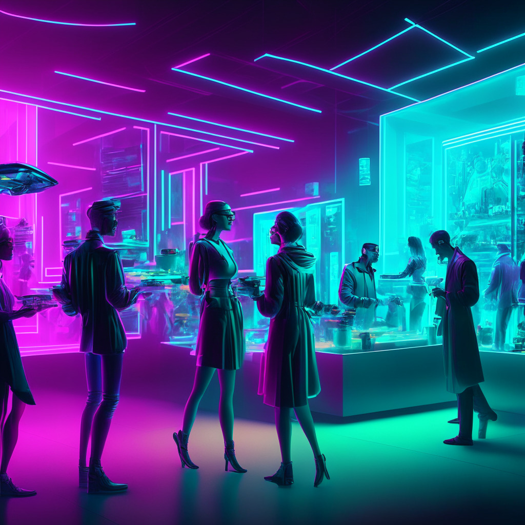 Futuristic virtual market scene, NFT collections displayed in holograms, diverse group of people examining and discussing NFTs, soft neon lighting, sleek chrome accents, optimistic yet mysterious ambiance, a balance of vibrant colors and shadows, merging of technology and art, focus on engagement and investment, hint of a powerful tool in the background.