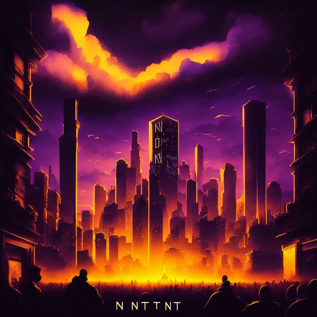 NFT mogul's support for Binance amidst SEC drama, crypto community reactions, twilight glow over an embattled city, tension and solidarity in the air, intense colors with a surrealist twist, cryptocurrency enthusiasts rallying together, an uncertain legal horizon looming.