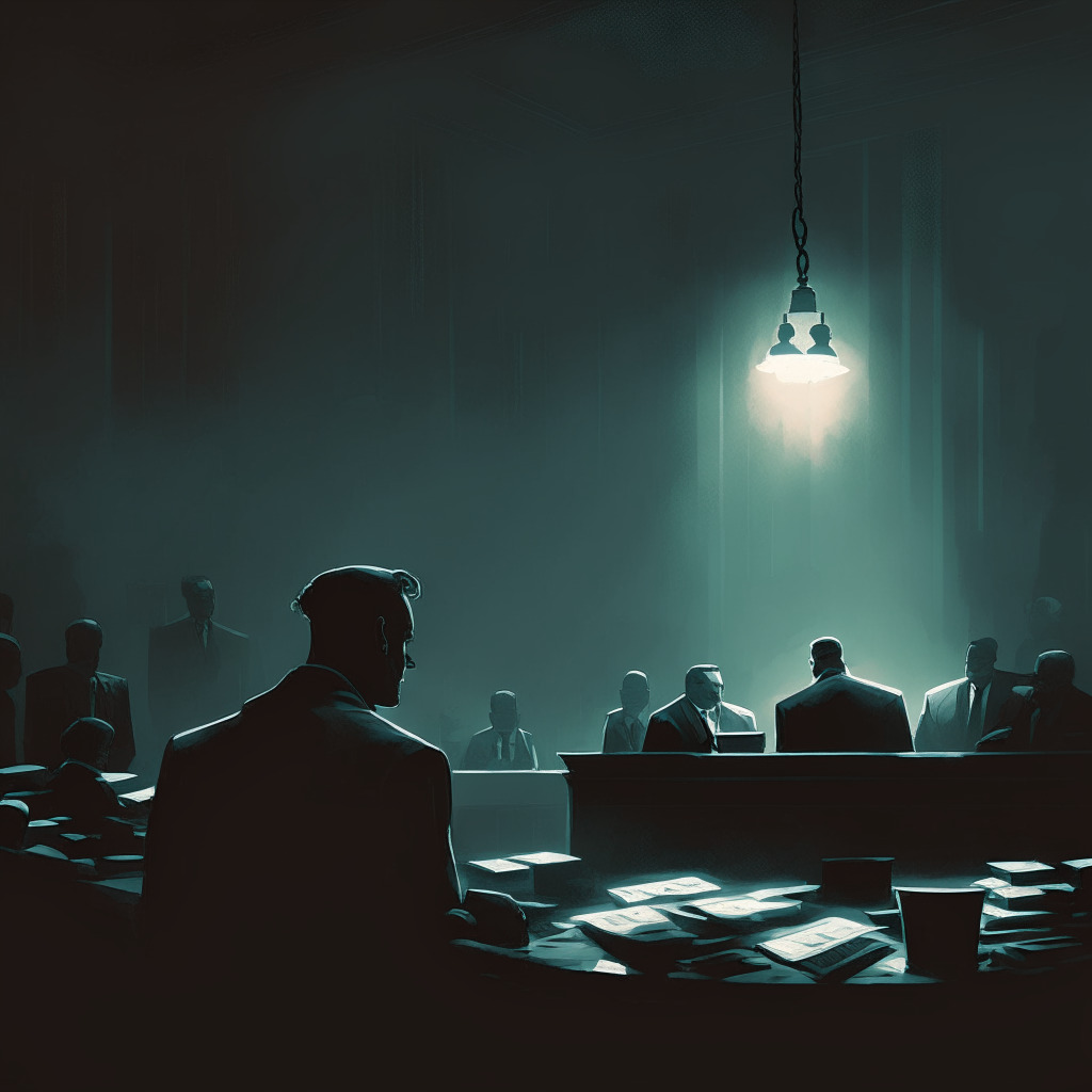 Dimly lit courtroom scene, tense atmosphere, NFT trader and blockchain detective facing off, shadowy crypto figures in the background, chiaroscuro style, contrasts of light and darkness, ethical dilemma weighing on the mood, balancing scale representing trust & accountability, digital currency elements subtly woven into the scene, 350 characters maximum