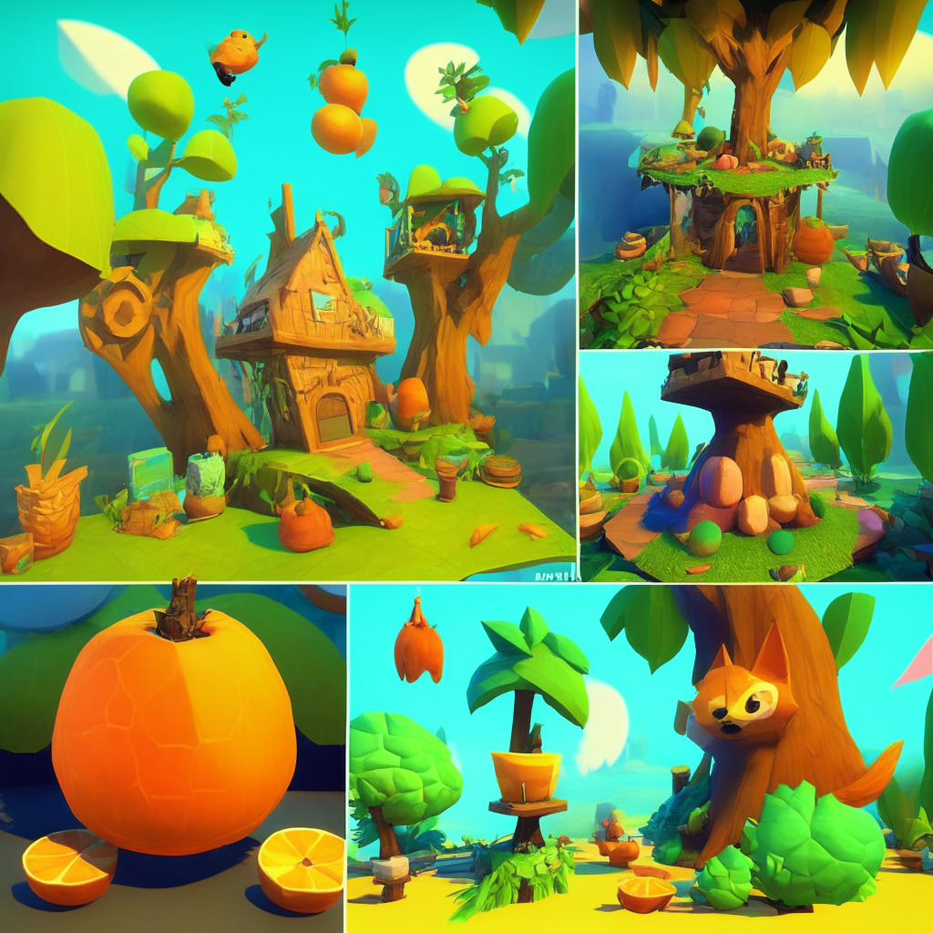 3D platform-hopping game, Jack and the Beanstalk inspiration, quirky elements, floating orange and avocado, Shiba Inu dogs, Goblintown NFT artwork, mixed reviews, wonky atmosphere, Twitch sensation, colorful game landscape, Web3 world, fusion of gaming and NFTs, whimsical mood, soft lighting, digital impressionist style, unknown collaboration, evolving creative fields.
