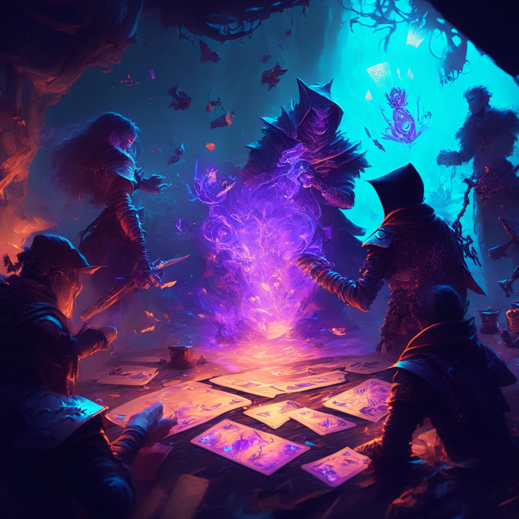 Fantasy card battle scene, intricate deck-building strategy, players leveling up cards, trisel currency, NFTs as optional choice, diverse elemental affinities, moody battlefield, vibrant hues, soft glowing light sources, suspenseful and immersive atmosphere, hint of skepticism, harmonious blend of gaming and blockchain worlds.
