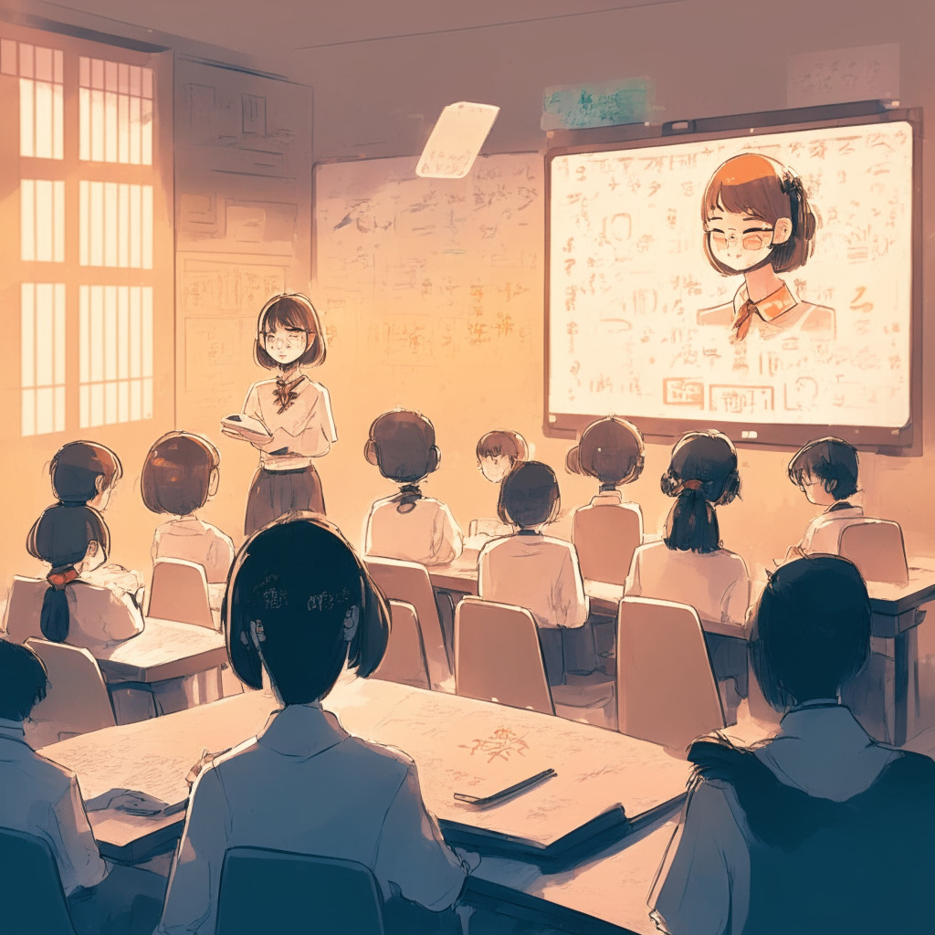 Japanese classroom with students and teacher, AI-powered chatbot on screen, engaging discussion, creative activities, soft warm lighting, watercolor art style, mood of innovation and caution, data privacy symbol, no cheating sign, copyright protection icon. (350 characters)