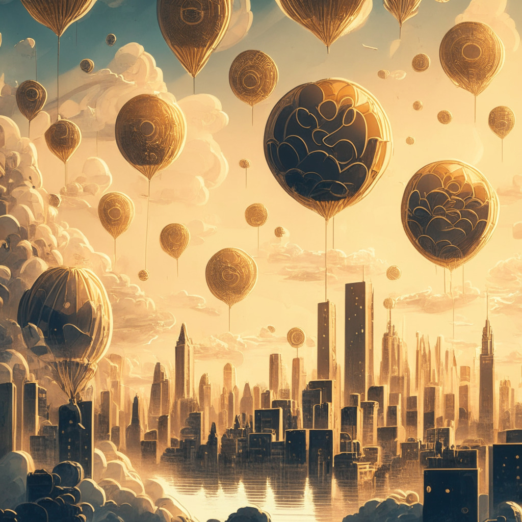 Intricate crypto landscape, sunlit city skyline, Bitcoin as centerpiece, soaring balloons with bullish patterns, cloudy patches with potential danger signs, gentle dusk lighting, confident yet cautious atmosphere, blend of classical and modern art styles, subtle shift from golden to neutral tones.