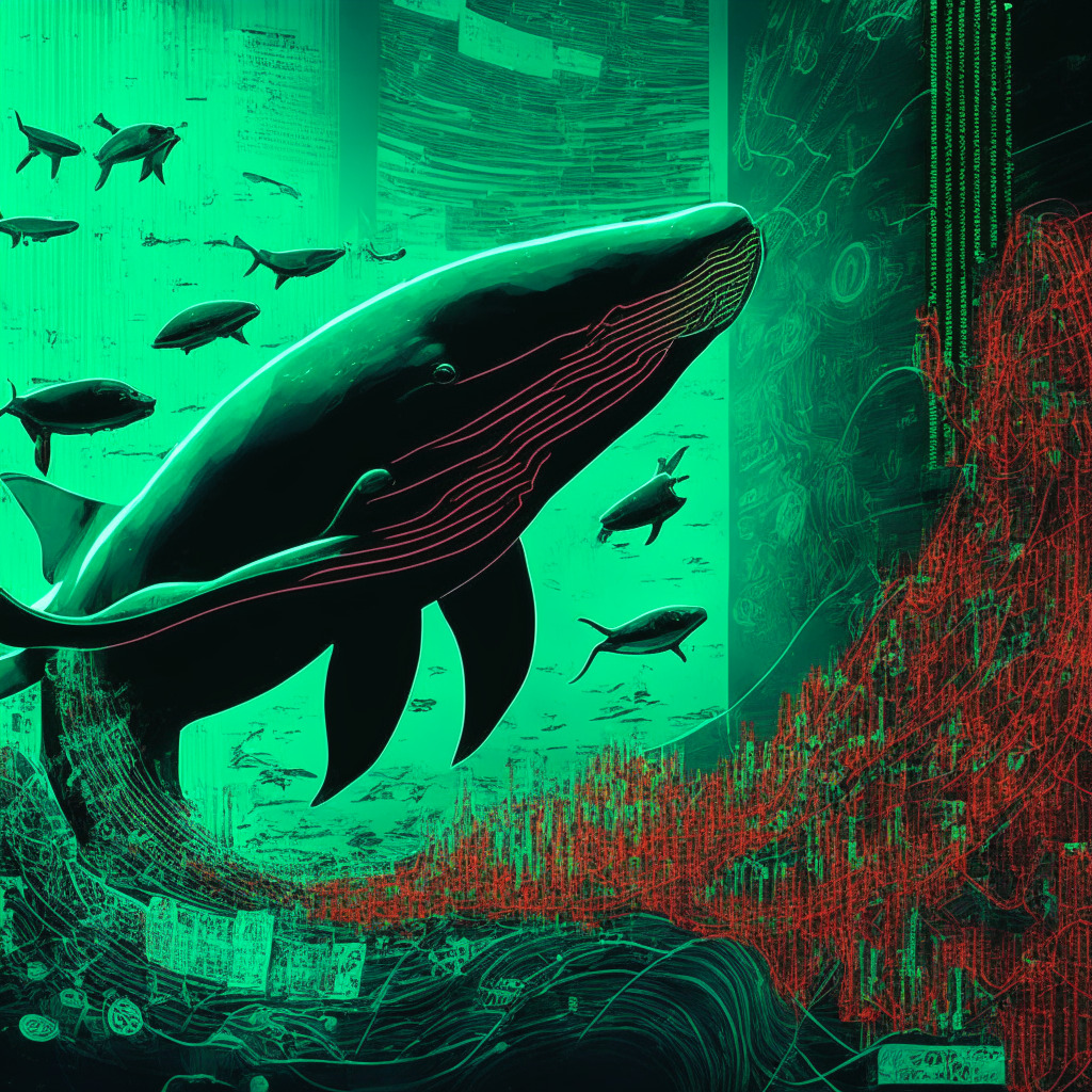 Whale transactions, bearish trend, Bitcoin market scene, swirling data graphs, contrasting light and shadows, moody and uncertain ambiance, legal documents representing lawsuits, intertwined with coins, a mix of Baroque and Futuristic art styles, intricate patterns, green and red price indicators, Short-Term Holder Cost-Basis anchor, courageous investors.
