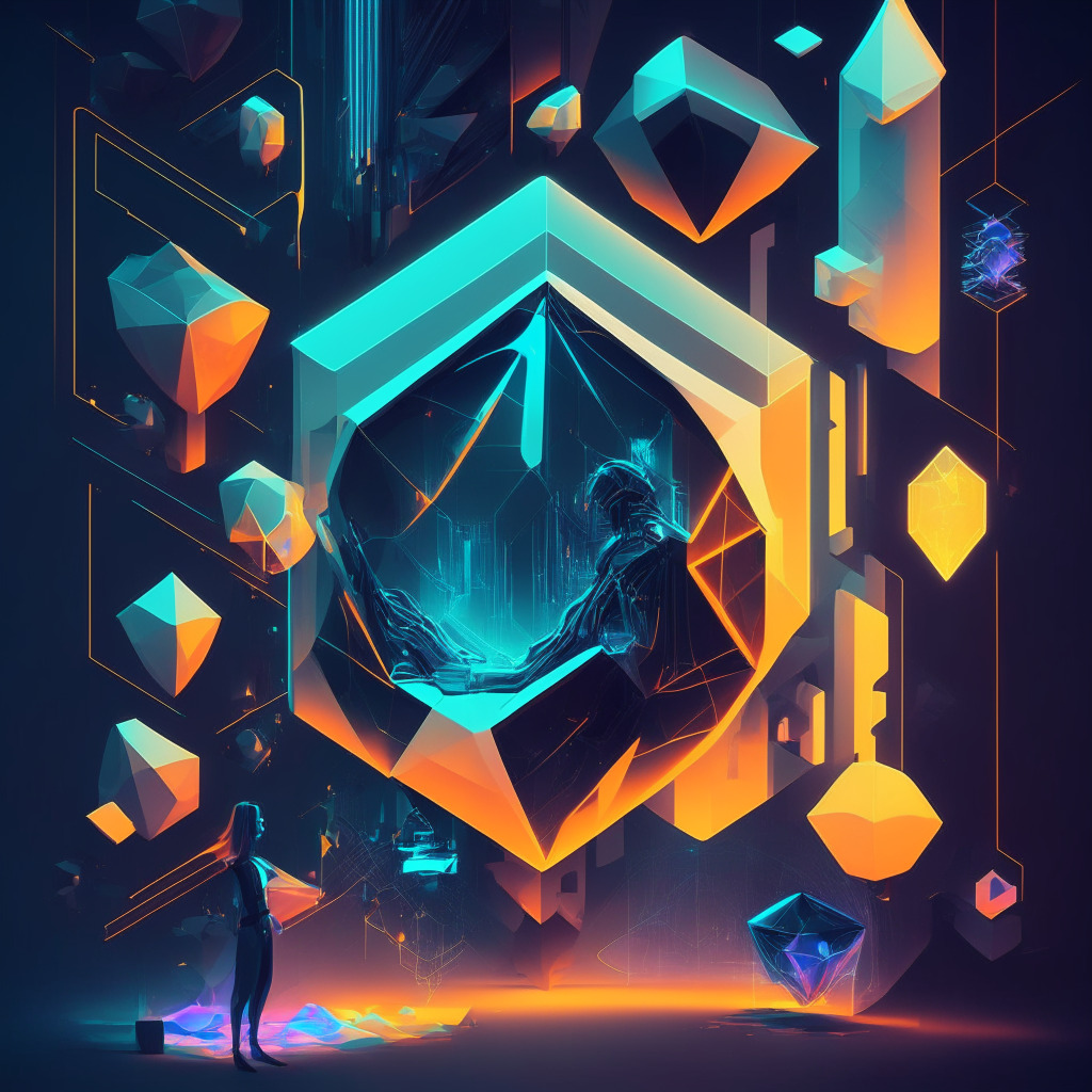 Futuristic AI guide, polygonal shapes, diverse users exploring blockchain, dim yet vibrant lighting, interactive platforms, inviting warmth, dynamic contrast, chiaroscuro effect, sense of wonder, discovery mood, hazy NFTs, DeFi elements, layered textures, merging old and new styles, ethereal web connections, fine details in shadows, cybersecurity undertone.