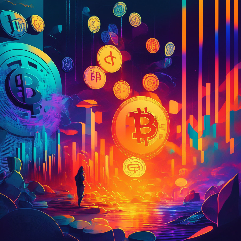 Cryptocurrency market fluctuation, tokens with losses and gains, artistic interpretation of market trends, twilight setting, contrasting light symbolizing optimism and skepticism, vibrant colors depicting transformative potential, mood of cautious optimism, hint of futuristic DeFi elements.