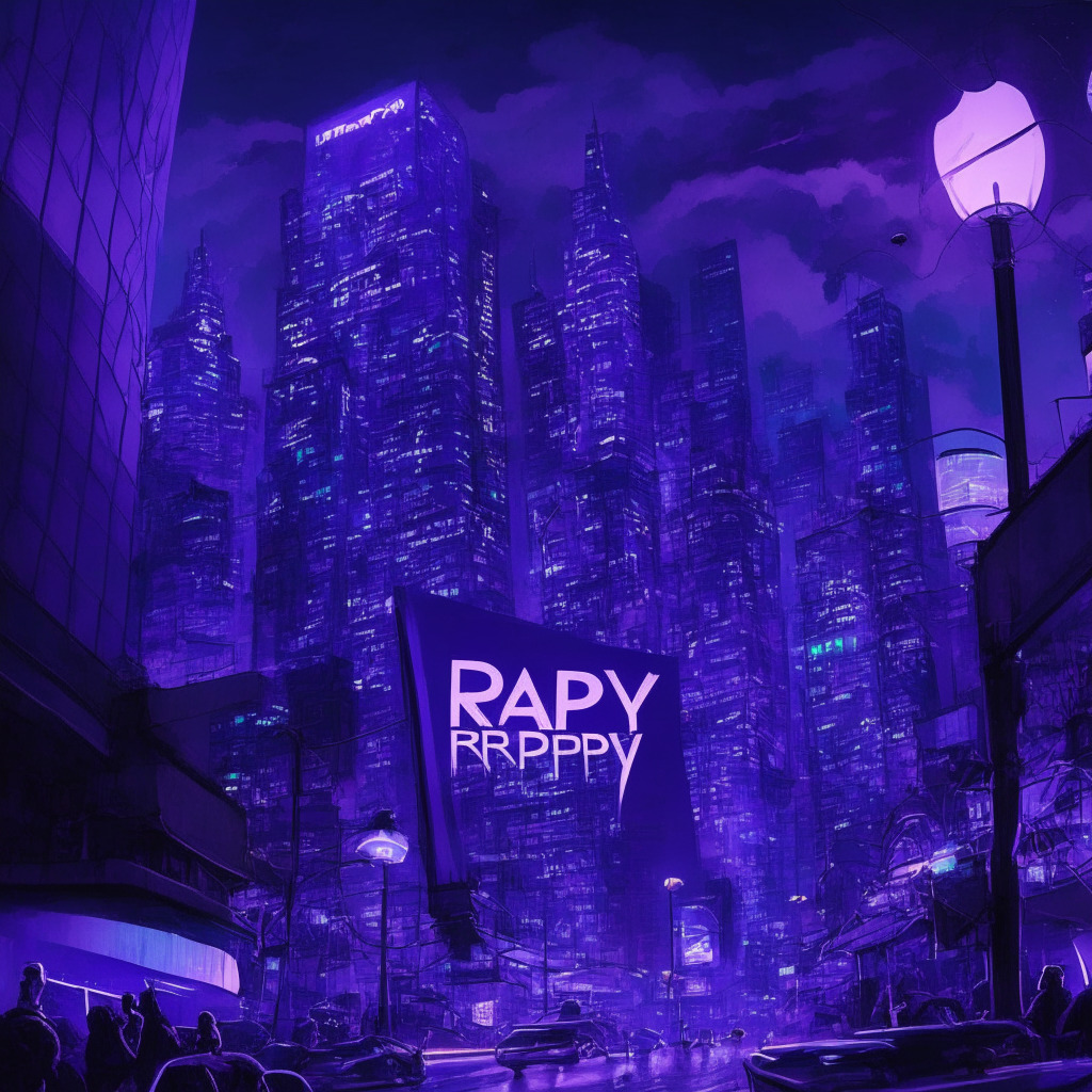 A futuristic bustling financial district in Venezuela under twilight's deep indigo and violet hues. Digital billboards glow, illustrating encrypted transactions and RPay's logo. The vibe is tense, yet jubilant, celebrating Rpay's hard-won license against a backdrop of grandiose skyscrapers. Meticulously painted in the style of modern impressionism, the narrative of crypto revolution unfolds under the watchful gaze of a moon in crescent-phase.