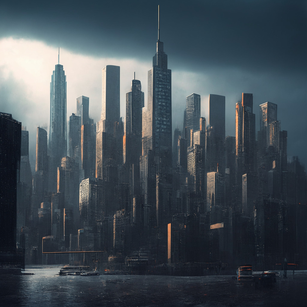 Dystopian cityscape of New York, under a gloomy, stormy sky, symbolism of stagnation and decline. Contrast this with a vibrant Hong Kong bathed in refreshing, bright morning sunlight that signifies flexibility, innovation, and growth. Emphasize the disparity in crypto regulations, conveying a sense of missed opportunities for the US and resilient adaptability for Hong Kong.