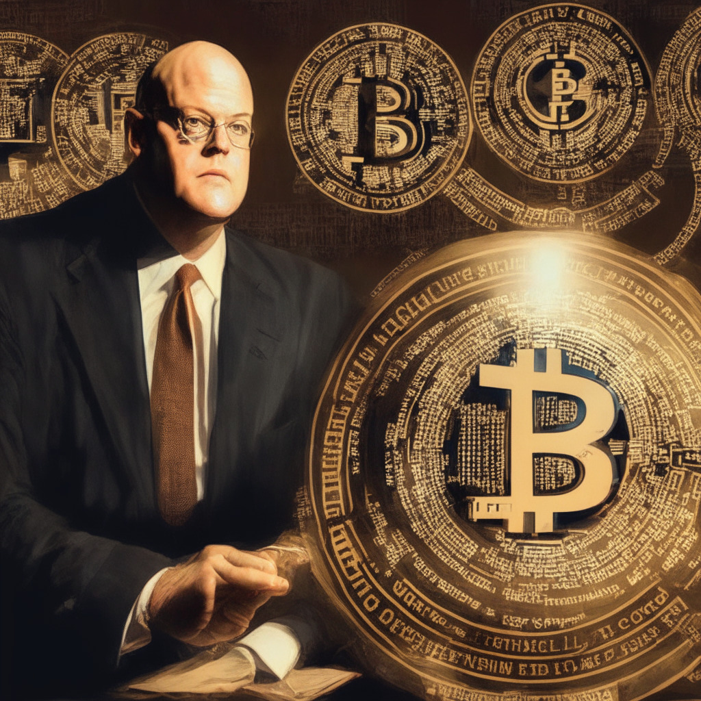 Intricate legal battleground, SEC vs CFTC, crypto tokens as commodities or securities, lawmakers and industry leaders seeking clarity, a draft bill to classify tokens in progress, CEO Brian Armstrong emphasizing importance of proper investor disclosures, decentralized nature of blockchain complicating regulations, moody chiaroscuro lighting, conveying a sense of urgency and determination.