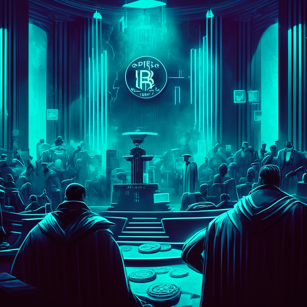 Cryptocurrency exchange turmoil, dark courtroom setting, SEC officers guarding a massive frozen asset, worried traders, Robinhood re-evaluating crypto offerings, balance scale of innovation and regulation, contrasting colors to showcase tension, empowering lights on decentralized finance supporters, mood of uncertainty and anticipation.