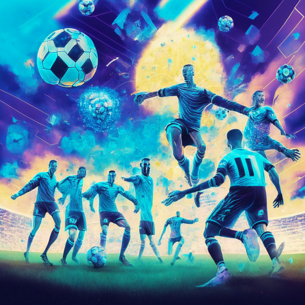 A surreal and vibrant image capturing the synthesis of cryptocurrency and soccer, Manchester City footballers on a futuristic pitch bathed in technicolor brilliance, ball glinting mid-flight, player's uniforms embellished with digital crypto symbols, an ecstatic crowd in the background, a heavy tension palpable, hinting at underlying uncertainties and thrill.
