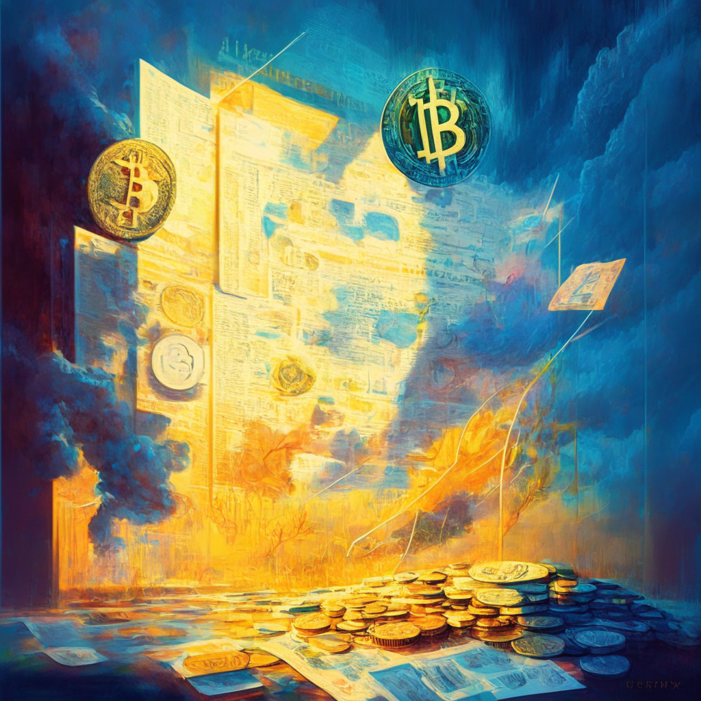 Cryptocurrency tax scene with various digital assets, warm light filtering over a complex tax form, vibrant artistic brushstrokes, subtle tension in the air, a balanced scale, and meticulous records being maintained. Mood conveys guidance, growth, responsibility, and the evolving digital landscape.