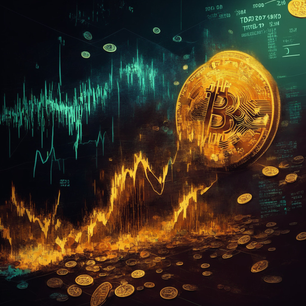 Cryptocurrency market turmoil, SEC crackdown, vibrant artistic style, ethereal light setting, balanced composition, hopeful mood, representation of Bitcoin & other altcoins, critical support levels, emerging from a downward wedge pattern, top-10 cryptocurrencies analysis, potential uptrend, key price level indicators, anticipation of buyer interest.
